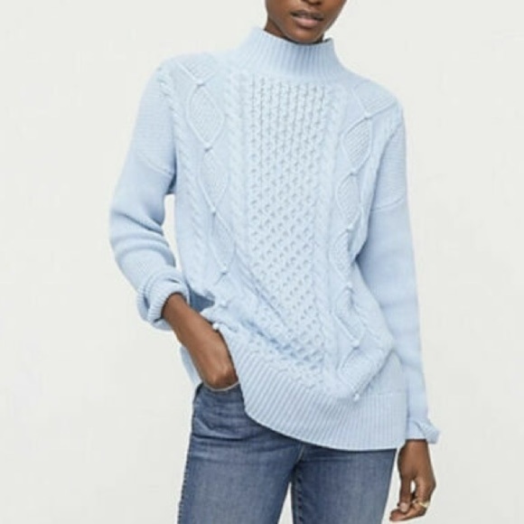 J. Crew Swingy Cable-knit Mockneck Sweater Pale Chambray Blue Pullover Cotton - Picture 1 of 7